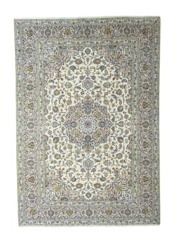 Full view of 2000s Kashan rug from Iran / Persia, 355 × 245 cm in Beige tones