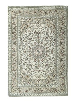 Full view of 2000s Kashan rug from Iran / Persia, 296 × 197 cm in Beige tones