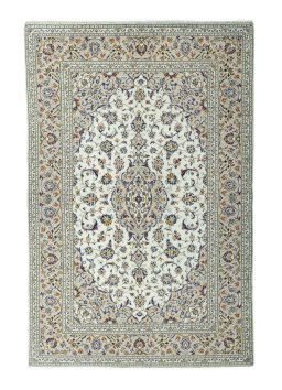 Full view of 2000s Kashan rug from Iran / Persia, 297 × 196 cm in Beige tones