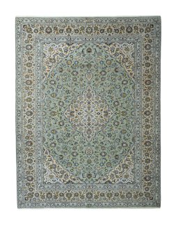 Full view of 2000s Kashan rug from Iran / Persia, 386 × 294 cm in Green tones