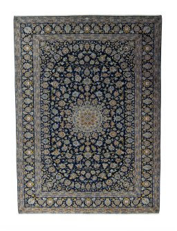 Full view of 2000s Kashan rug from Iran / Persia, 416 × 305 cm in Blue tones