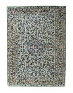 Full view of 2000s Kashan rug from Iran / Persia, 412 × 298 cm in Green tones
