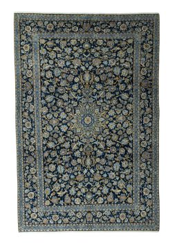 Full view of 2000s Kashan rug from Iran / Persia, 400 × 265 cm in Blue tones