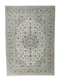 Full view of 2000s Kashan rug from Iran / Persia, 348 × 247 cm in Beige tones