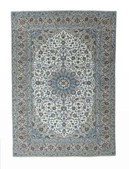 Full view of 2000s Kashan rug from Iran / Persia, 412 × 294 cm in Beige tones