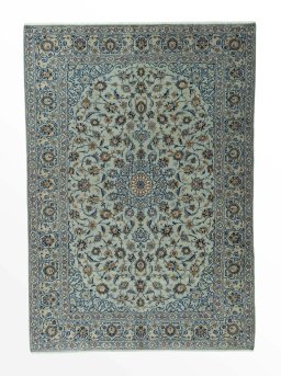 Full view of 2000s Kashan rug from Iran / Persia, 331 × 230 cm in Green tones