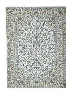 Full view of 2000s Kashan rug from Iran / Persia, 404 × 300 cm in Beige tones