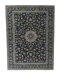 Full view of 1970s Kashan rug from Iran / Persia, 410 × 307 cm in Blue tones