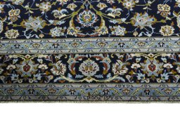 Full view of 1970s Kashan rug from Iran / Persia, 410 × 307 cm in Blue tones