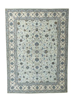 Full view of 2000s Kashan rug from Iran / Persia, 425 × 315 cm in Beige tones