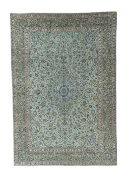 Full view of 2000s Kashan rug from Iran / Persia, 436 × 298 cm in Green tones