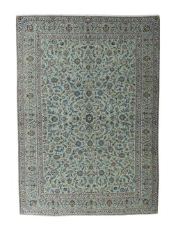Full view of 1970s Kashan rug from Iran / Persia, 403 × 285 cm in Green tones