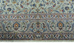 Full view of 1970s Kashan rug from Iran / Persia, 403 × 285 cm in Green tones