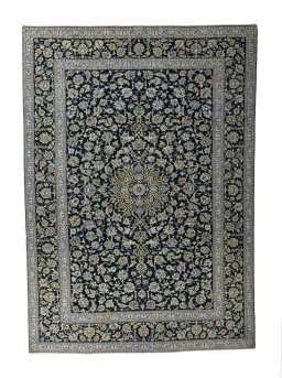Full view of New Kashan rug from Iran / Persia, 415 × 290 cm in Blue tones