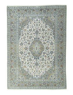 Full view of 2000s Kashan rug from Iran / Persia, 343 × 243 cm in Beige tones