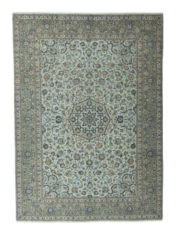 Full view of 2000s Kashan rug from Iran / Persia, 399 × 285 cm in Blue tones