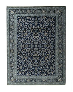 Full view of 2000s Kashan rug from Iran / Persia, 413 × 310 cm in Blue tones