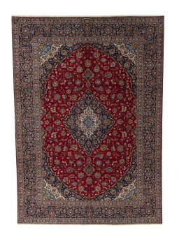 Full view of 2000s Kashan rug from Iran / Persia, 423 × 298 cm in Red tones