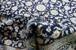 Full view of 2000s Kashan rug from Iran / Persia, 377 × 269 cm in Blue tones
