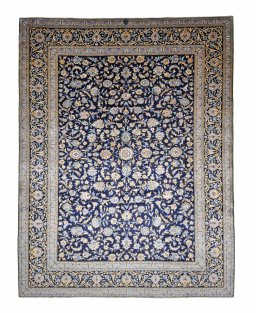 Full view of 2000s Kashan rug from Iran / Persia, 377 × 269 cm in Blue tones