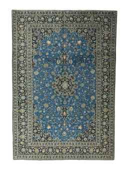 Full view of 2000s Kashan rug from Iran / Persia, 390 × 270 cm in Blue tones