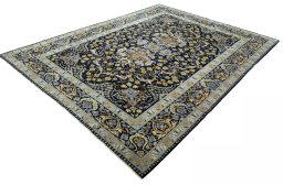 Corner detail of 2000s Kashan rug showing border pattern and Wool pile