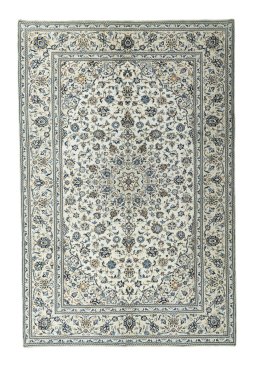 Full view of 2000s Kashan rug from Iran / Persia, 303 × 201 cm in Beige tones