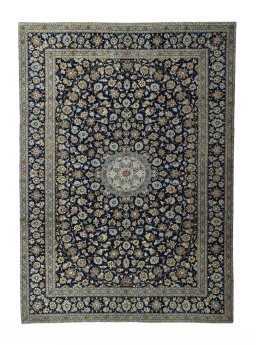 Full view of 2000s Kashan rug from Iran / Persia, 429 × 308 cm in Blue tones
