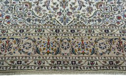 Full view of 2000s Kashan rug from Iran / Persia, 361 × 248 cm in Beige tones