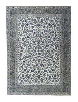 Full view of 2000s Kashan rug from Iran / Persia, 421 × 306 cm in Beige tones