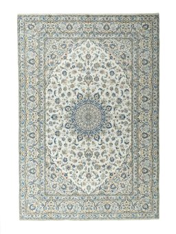 Full view of 2000s Kashan rug from Iran / Persia, 354 × 241 cm in Beige tones