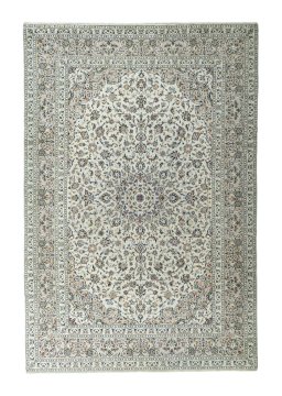 Full view of 2000s Kashan rug from Iran / Persia, 375 × 252 cm in Beige tones