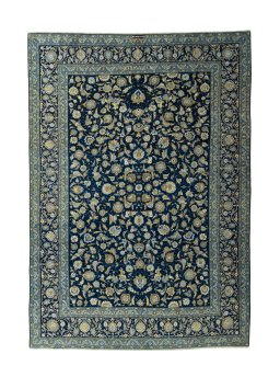 Full view of 2000s Kashan rug from Iran / Persia, 430 × 305 cm in Blue tones