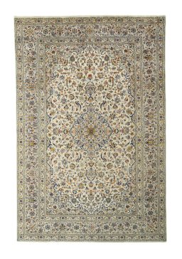 Full view of 2000s Kashan rug from Iran / Persia, 367 × 245 cm in Beige tones