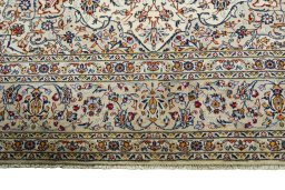 Full view of 2000s Kashan rug from Iran / Persia, 367 × 245 cm in Beige tones