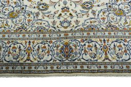 Full view of New Kashan rug from Iran / Persia, 312 × 201 cm in Beige tones