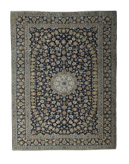 Full view of 2000s Kashan rug from Iran / Persia, 395 × 303 cm in Blue tones