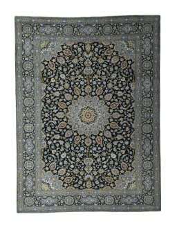 Full view of 2000s Kashan rug from Iran / Persia, 414 × 310 cm in Blue tones