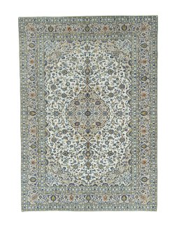 Full view of 2000s Kashan rug from Iran / Persia, 413 × 292 cm in Beige tones