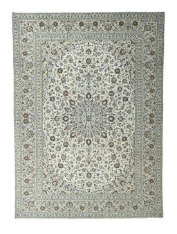 Full view of 2000s Kashan rug from Iran / Persia, 400 × 292 cm in Beige tones