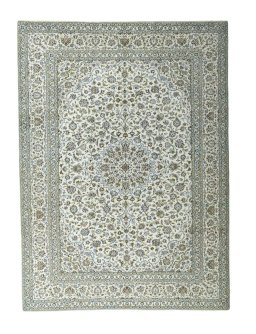 Full view of 2000s Kashan rug from Iran / Persia, 402 × 295 cm in Beige tones