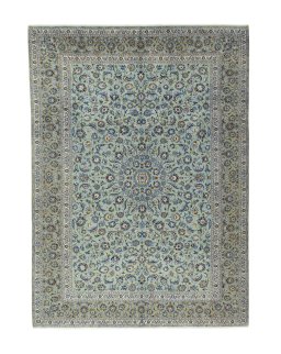 Full view of 2000s Kashan rug from Iran / Persia, 421 × 306 cm in Green tones