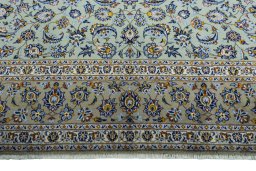 Full view of 2000s Kashan rug from Iran / Persia, 421 × 306 cm in Green tones