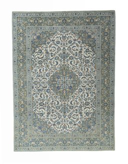 Full view of 2000s Kashan rug from Iran / Persia, 406 × 298 cm in Beige tones