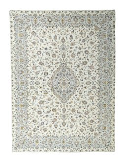 Full view of 2000s Kashan rug from Iran / Persia, 400 × 297 cm in Beige tones