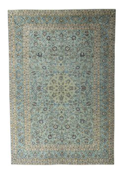 Full view of 2000s Kashan rug from Iran / Persia, 450 × 308 cm in Green tones