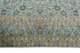 Full view of 2000s Kashan rug from Iran / Persia, 450 × 308 cm in Green tones