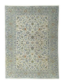 Full view of 2000s Kashan rug from Iran / Persia, 317 × 234 cm in Beige tones