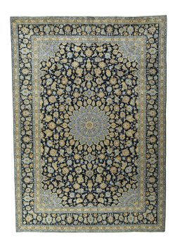 Full view of 2000s Kashan rug from Iran / Persia, 423 × 302 cm in Blue tones
