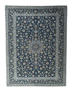 Full view of 2000s Kashan rug from Iran / Persia, 405 × 307 cm in Blue tones